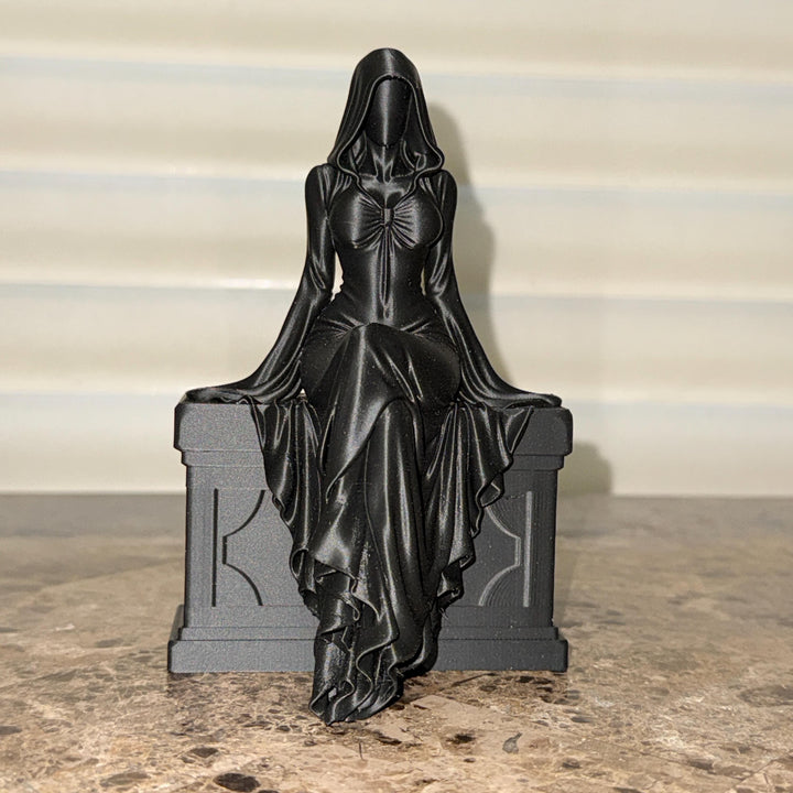 Black Female Reaper Shelf Sitter, Gothic Hooded Woman Statue, Halloween Mantel Decor, Dark Feminine Home Accent