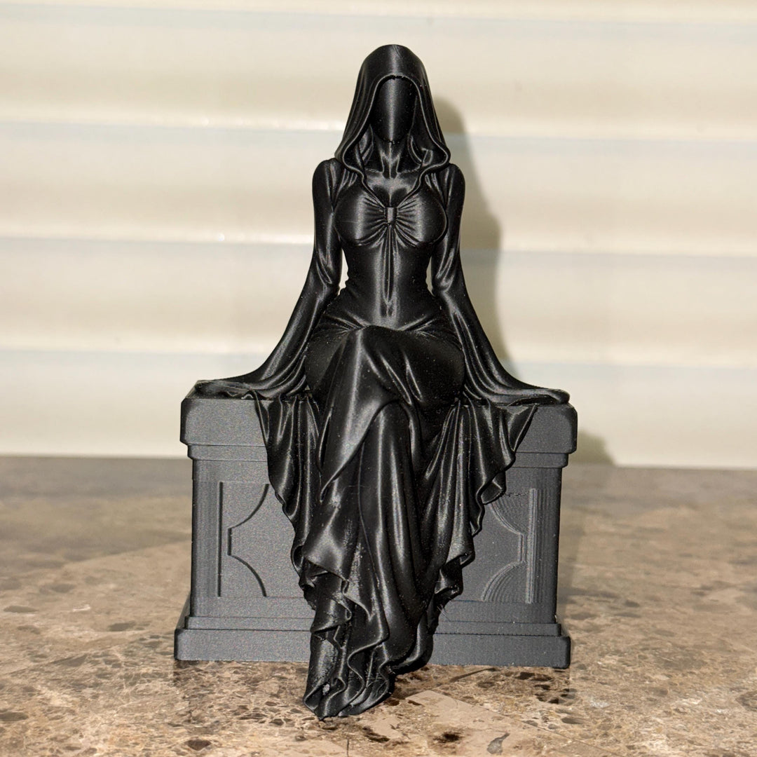 Black Female Reaper Shelf Sitter, Gothic Hooded Woman Statue, Halloween Mantel Decor, Dark Feminine Home Accent