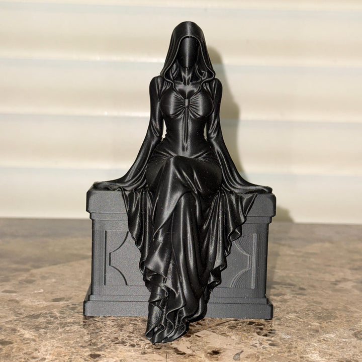 Black Female Reaper Shelf Sitter, Gothic Hooded Woman Statue, Halloween Mantel Decor, Dark Feminine Home Accent