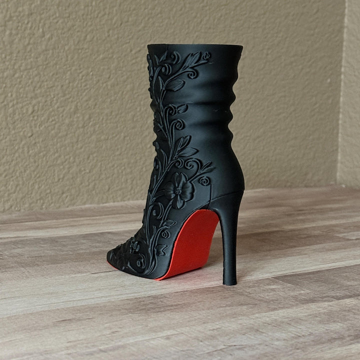 Matte Black High Heel Boot Vase, Make-up brush holder, Gothic Floral Designer-Inspired Home Decor, FREE SHIPPING