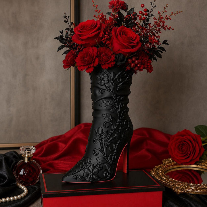 Matte Black High Heel Boot Vase, Make-up brush holder, Gothic Floral Designer-Inspired Home Decor, FREE SHIPPING