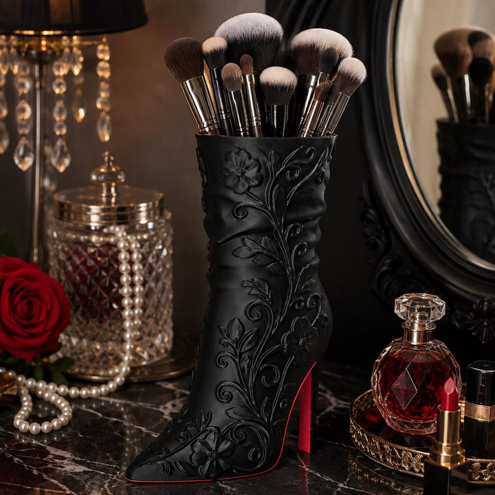 Matte Black High Heel Boot Vase, Make-up brush holder, Gothic Floral Designer-Inspired Home Decor, FREE SHIPPING