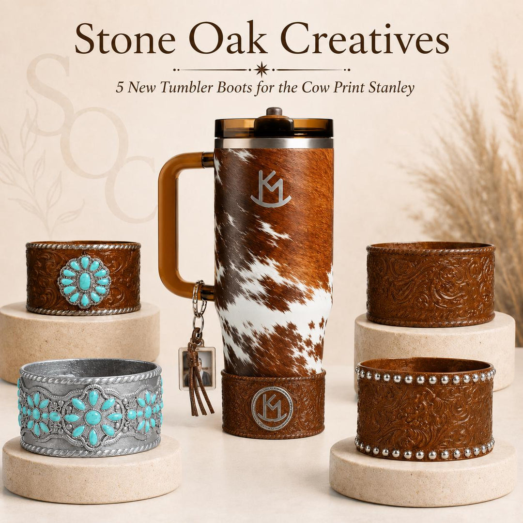 Tooled Leather and Branded Tumbler Boot, Concho Turquoise, Country Gold Horse Rodeo Cup Sleeve, fits Stanley, Coldest and HydroJug Tumblers