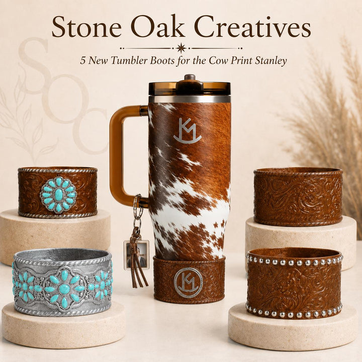 Tooled Leather and Branded Tumbler Boot, Concho Turquoise, Country Gold Horse Rodeo Cup Sleeve, fits Stanley, Coldest and HydroJug Tumblers