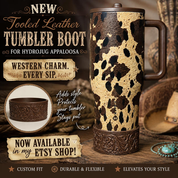 Appoloosa Tooled Leather Tumbler Boot, fits HydroJug, Stanley, and Coldest Tumblers