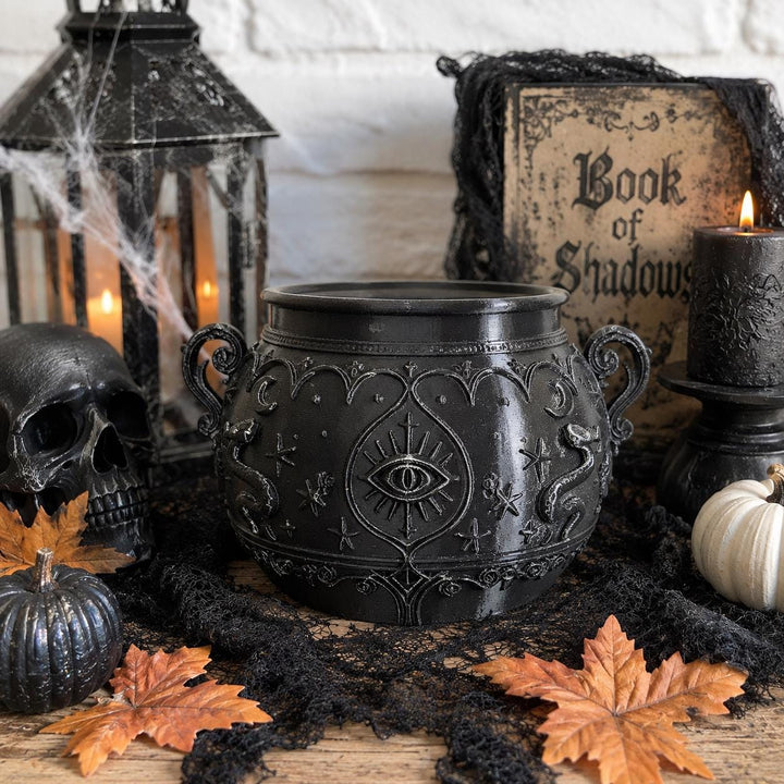 Gothic Cauldron Planter, Black Witchy Vase, All Seeing Eye Decor, Halloween Centerpiece, Occult Altar Bowl, Dark Home Accent