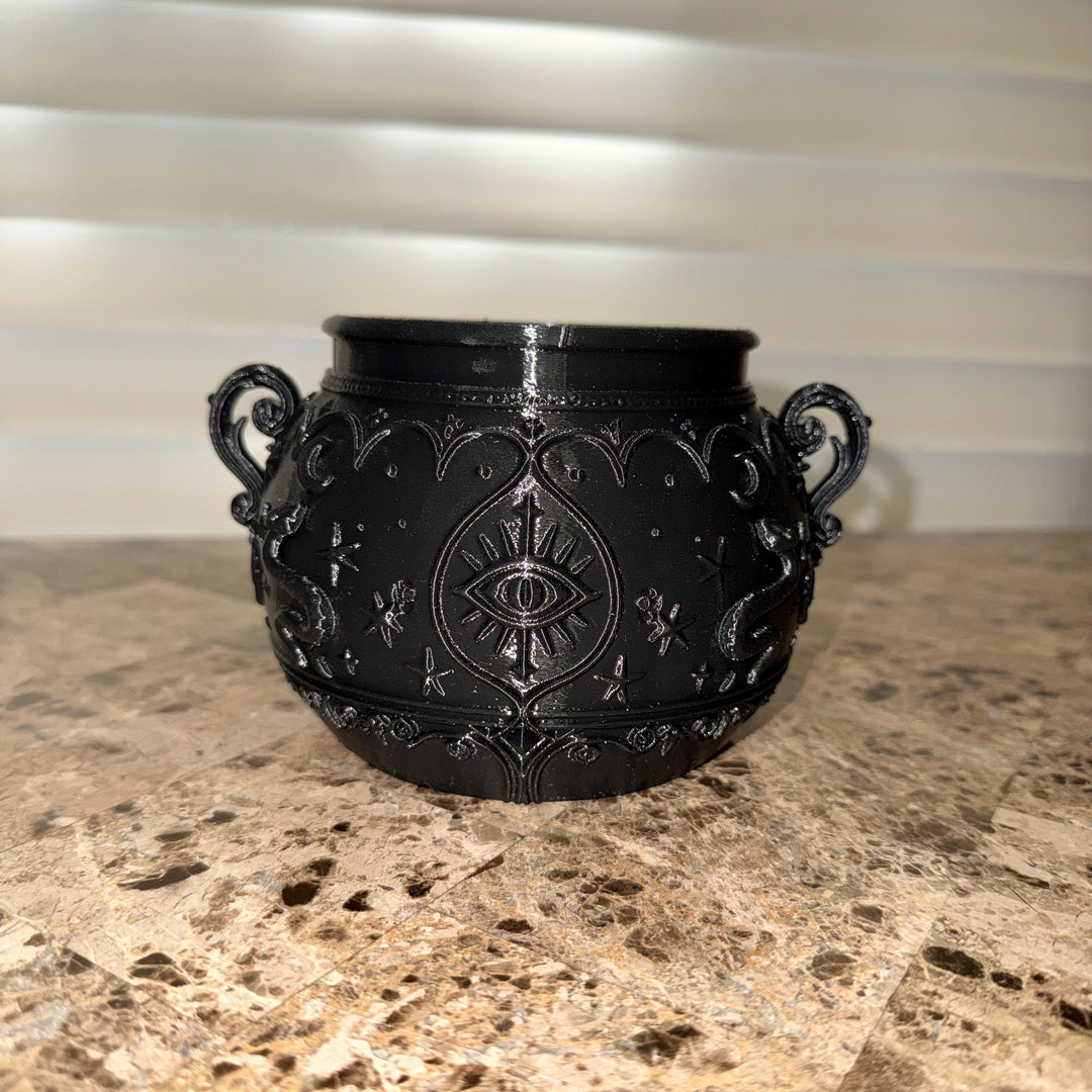 Gothic Cauldron Planter, Black Witchy Vase, All Seeing Eye Decor, Halloween Centerpiece, Occult Altar Bowl, Dark Home Accent