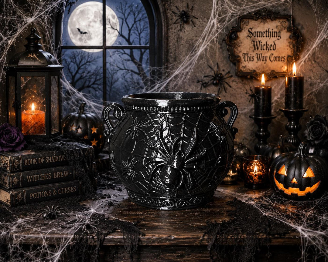 Gothic Spider Web Cauldron, Halloween Cauldron Decor, Black Spider Bowl, Witchy Home Accent, Spooky Gothic Centerpiece