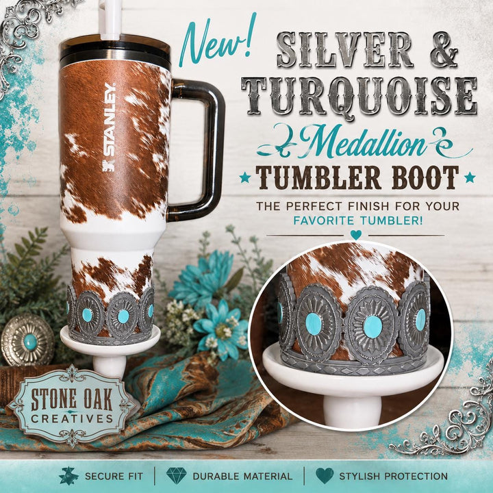 Concho Turquoise Medallion Tumbler Boot, Silver and Teal, Drink Sleeve Fit's Stanley, Coldest and HydroJug, Protective Boot