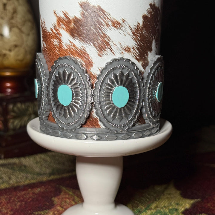 Concho Turquoise Medallion Tumbler Boot, Silver and Teal, Drink Sleeve Fit's Stanley, Coldest and HydroJug, Protective Boot