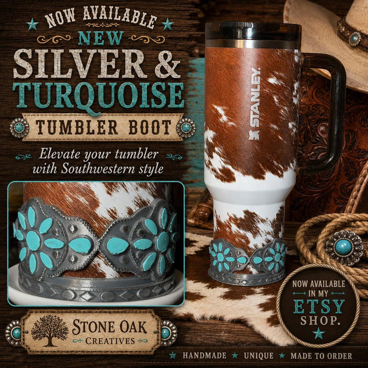 Concho Turquoise Tumbler Boot, Silver and Teal, Drink Sleeve Fit's Stanley, Coldest and HydroJug, Protective Boot
