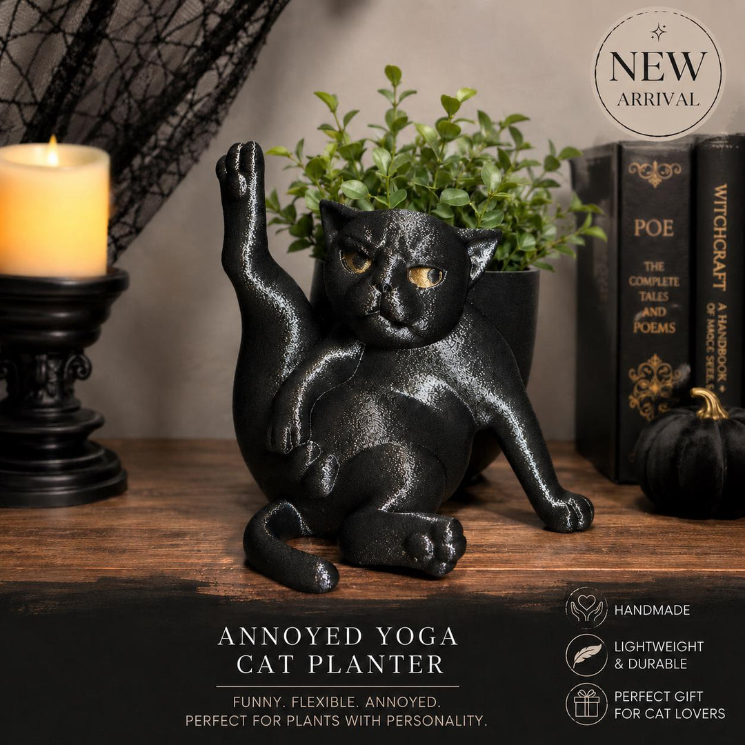 Annoyed Yoga Cat Planter, Funny Cat Succulent Pot, Gothic Black Cat Plant Holder, Quirky Cat Lover Gift, Desk Decor, 3D Printed Planter