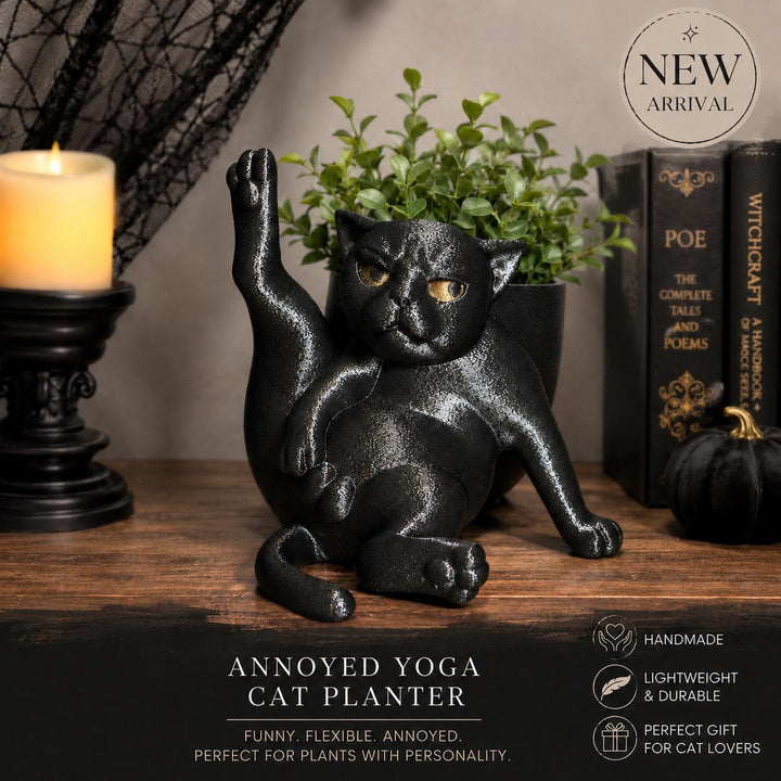 Annoyed Yoga Cat Planter, Funny Cat Succulent Pot, Gothic Black Cat Plant Holder, Quirky Cat Lover Gift, Desk Decor, 3D Printed Planter