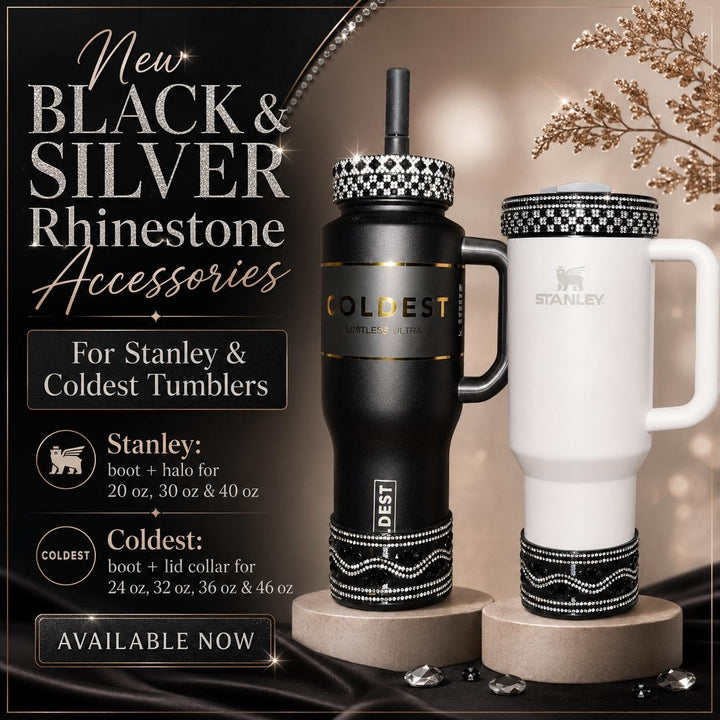 Black and Silver Rhinestone Tumbler accessories, bling collar halo boot, fits Stanley and Coldest tumblers, unique gift