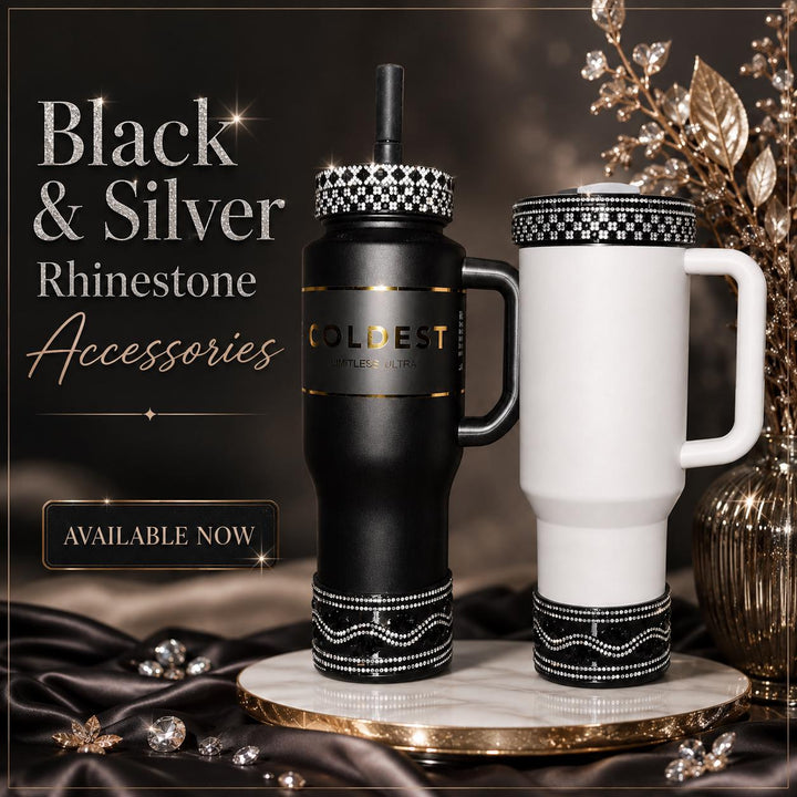 Black and Silver Rhinestone Tumbler accessories, bling collar halo boot, fits Stanley and Coldest tumblers, unique gift