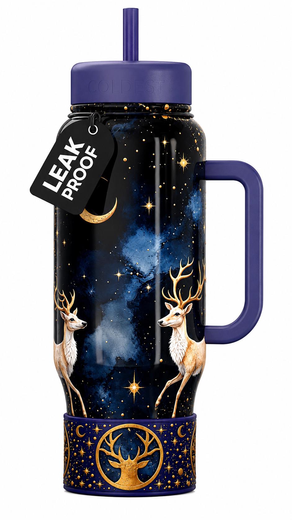 Deer Moon Tumbler Boot, Fathers Day, fits Stanley, Hydrojug, Coldest Tumblers and others, Unique Hunting Gift, navy gold matching colors