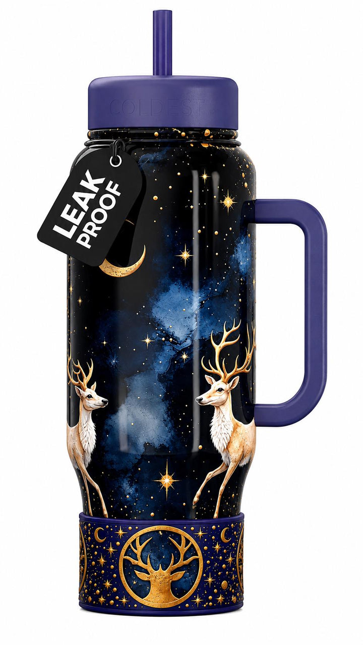 Deer Moon Tumbler Boot, Fathers Day, fits Stanley, Hydrojug, Coldest Tumblers and others, Unique Hunting Gift, navy gold matching colors