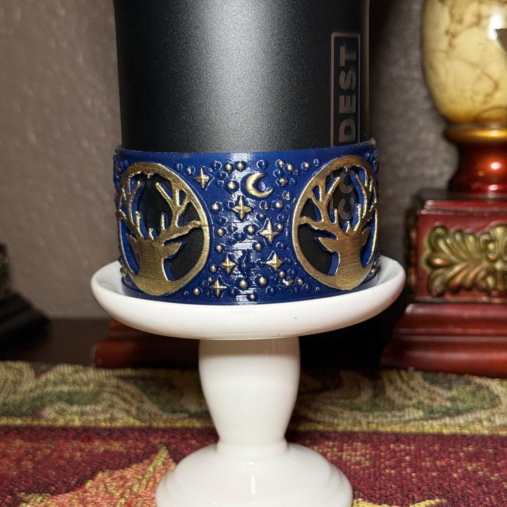 Deer Moon Tumbler Boot, Fathers Day, fits Stanley, Hydrojug, Coldest Tumblers and others, Unique Hunting Gift, navy gold matching colors
