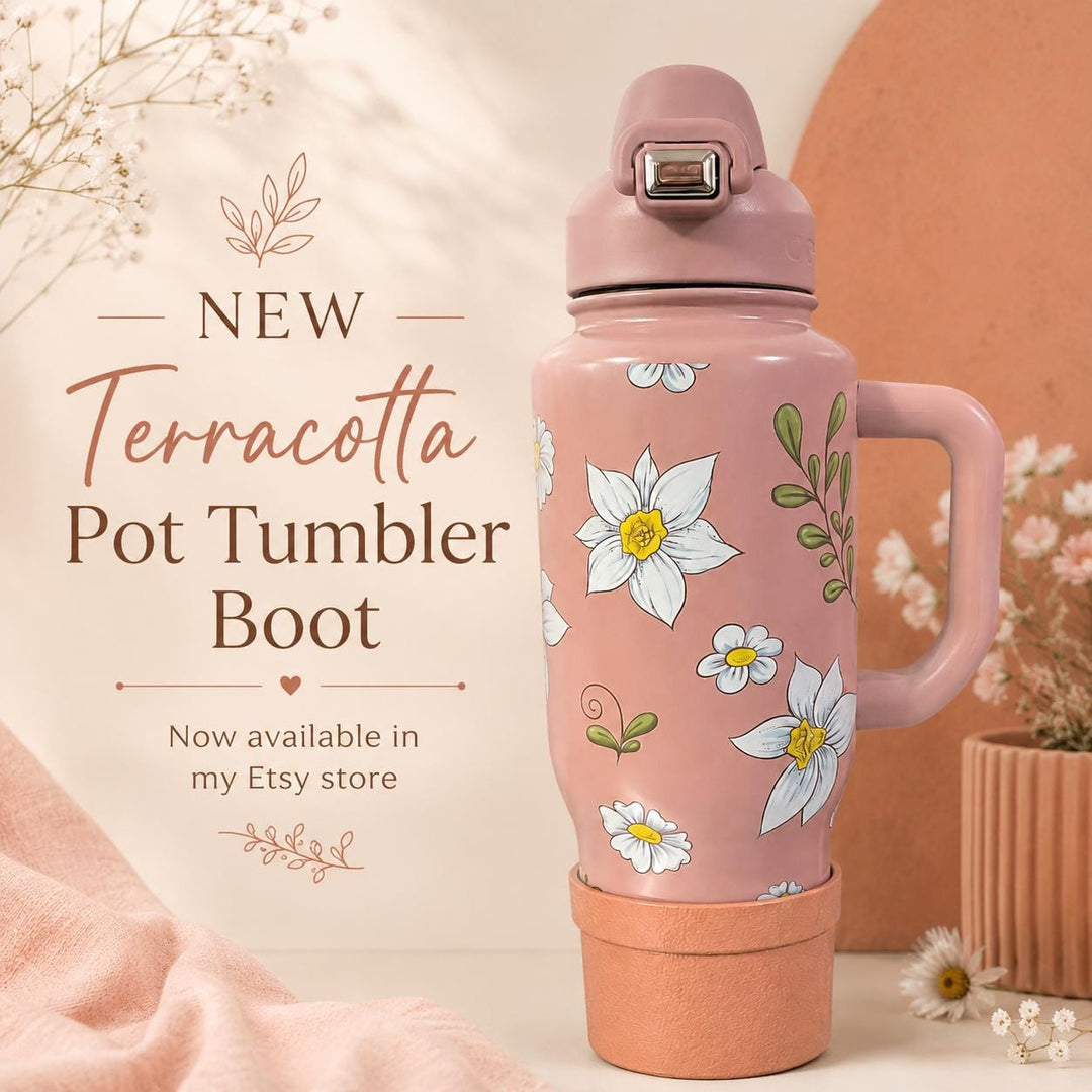 Terracotta Pot Tumbler Boot, Soft Meadow, Spring Floral Flower Magnolia Daisy, fits Stanley, Coldest, HydroJug Owala and more.