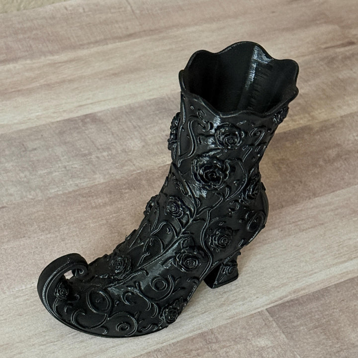 Gothic Rose Witch Boot Vase, Halloween Curly Toe Boot, Witchy Halloween Decor, Black Gothic Vase, Spooky Home, Wizard Spell-caster Gift