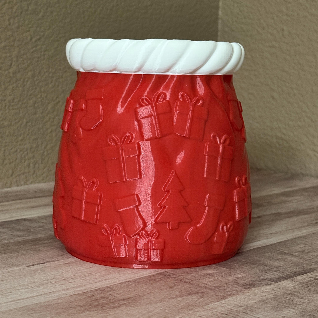 Santa Sack Planter Vase, Christmas Flower Pot, Holiday Centerpiece, Red White Christmas Decor, 3D Printed Gift Holder