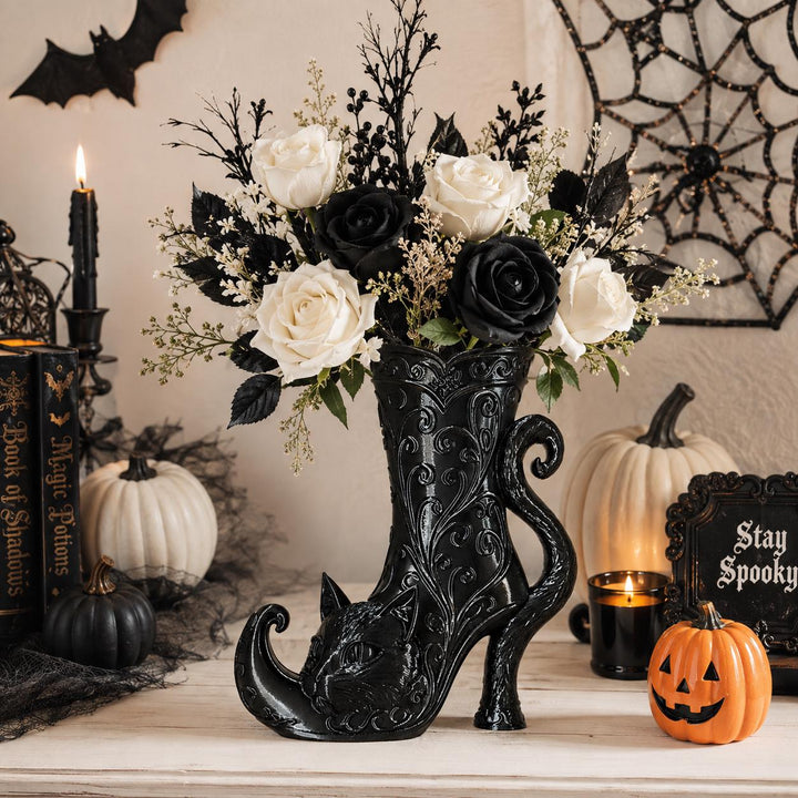Gothic Cat Witch Curly Toe Boot Vase, Curly Toe Halloween Vase, Black Cat Gothic Decor, Witchy Halloween Centerpiece, Spooky Home Decor
