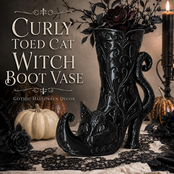 Gothic Cat Witch Curly Toe Boot Vase, Curly Toe Halloween Vase, Black Cat Gothic Decor, Witchy Halloween Centerpiece, Spooky Home Decor