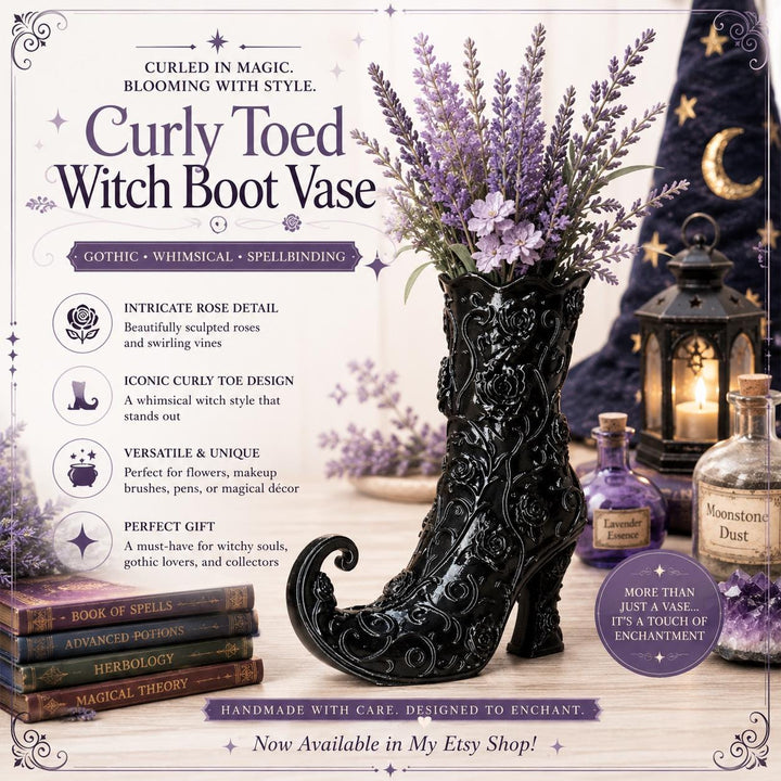 Gothic Rose Witch Boot Vase, Halloween Curly Toe Boot, Witchy Halloween Decor, Black Gothic Vase, Spooky Home, Wizard Spell-caster Gift