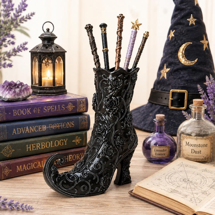 Gothic Rose Witch Boot Vase, Halloween Curly Toe Boot, Witchy Halloween Decor, Black Gothic Vase, Spooky Home, Wizard Spell-caster Gift