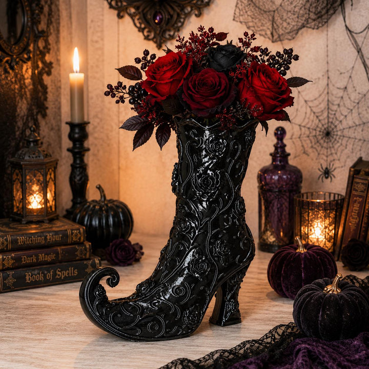 Gothic Rose Witch Boot Vase, Halloween Curly Toe Boot, Witchy Halloween Decor, Black Gothic Vase, Spooky Home, Wizard Spell-caster Gift