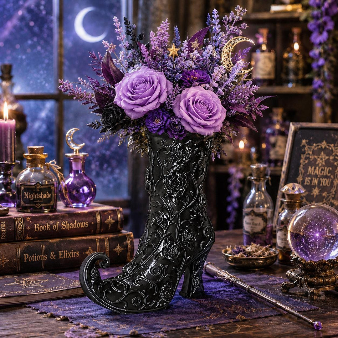 Gothic Rose Witch Boot Vase, Halloween Curly Toe Boot, Witchy Halloween Decor, Black Gothic Vase, Spooky Home, Wizard Spell-caster Gift