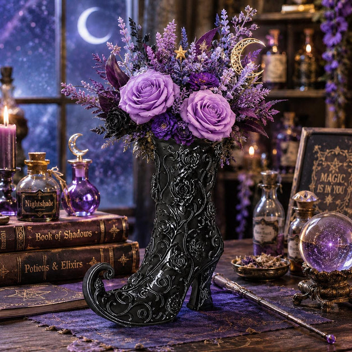 Gothic Rose Witch Boot Vase, Halloween Curly Toe Boot, Witchy Halloween Decor, Black Gothic Vase, Spooky Home, Wizard Spell-caster Gift