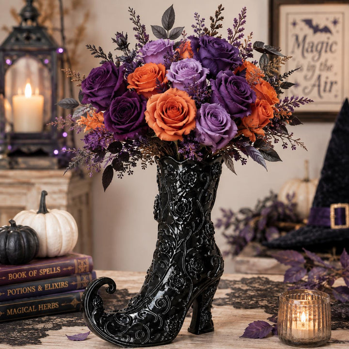 Gothic Rose Witch Boot Vase, Halloween Curly Toe Boot, Witchy Halloween Decor, Black Gothic Vase, Spooky Home, Wizard Spell-caster Gift