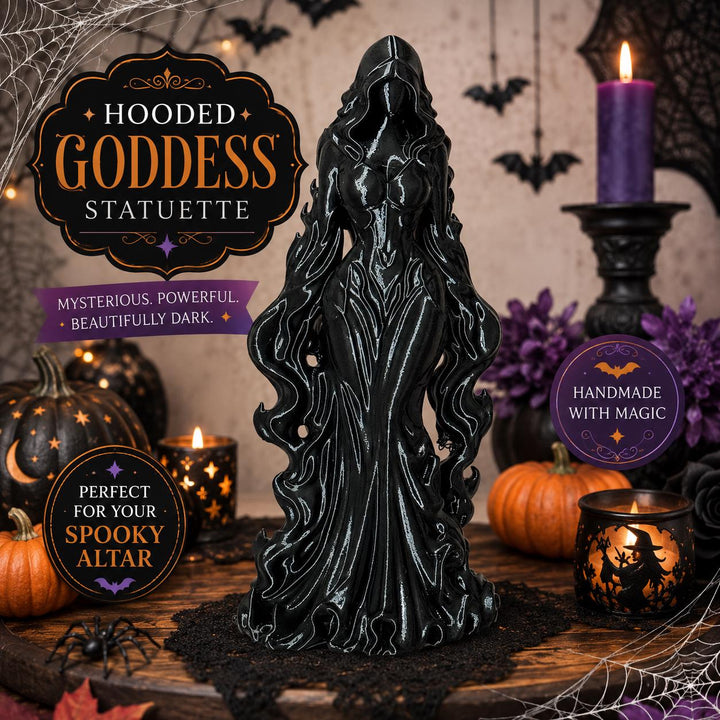 Hooded Goddess Princess Figurine, Gothic Dark Goddess Statue, Witchy Altar Decor, Halloween Shelf Accent, Mystical 3D Printed Sculpture