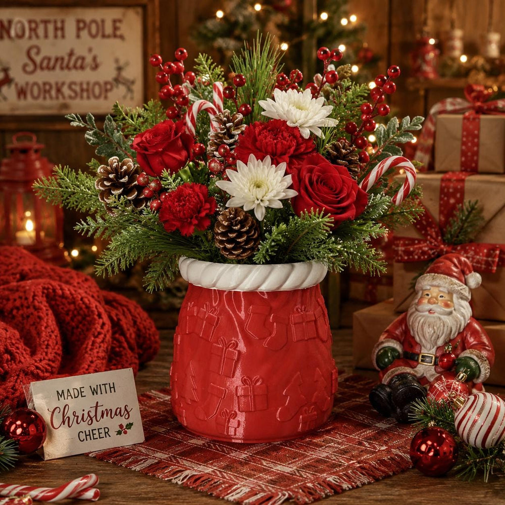 Santa Sack Planter Vase, Christmas Flower Pot, Holiday Centerpiece, Red White Christmas Decor, 3D Printed Gift Holder