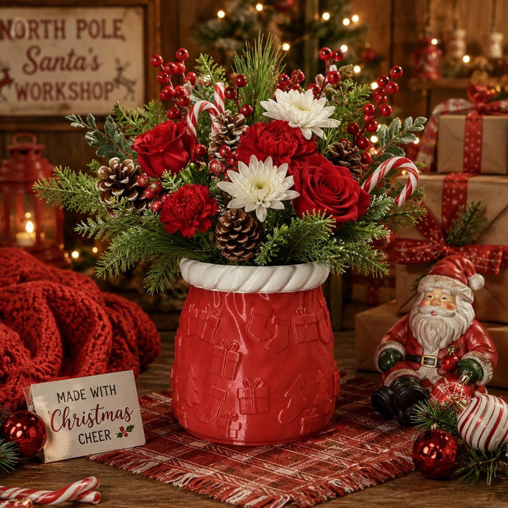 Santa Sack Planter Vase, Christmas Flower Pot, Holiday Centerpiece, Red White Christmas Decor, 3D Printed Gift Holder