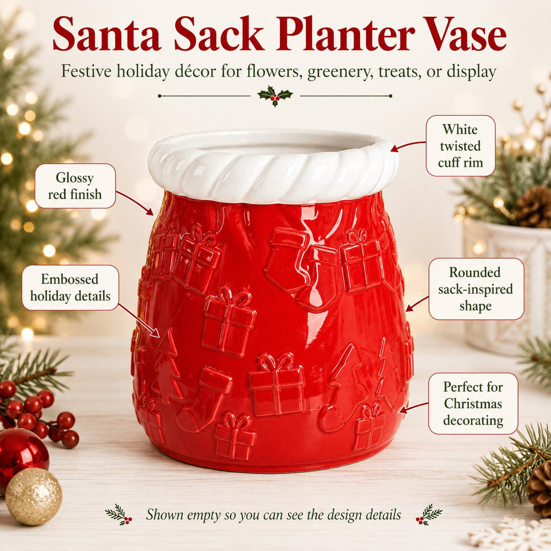 Santa Sack Planter Vase, Christmas Flower Pot, Holiday Centerpiece, Red White Christmas Decor, 3D Printed Gift Holder