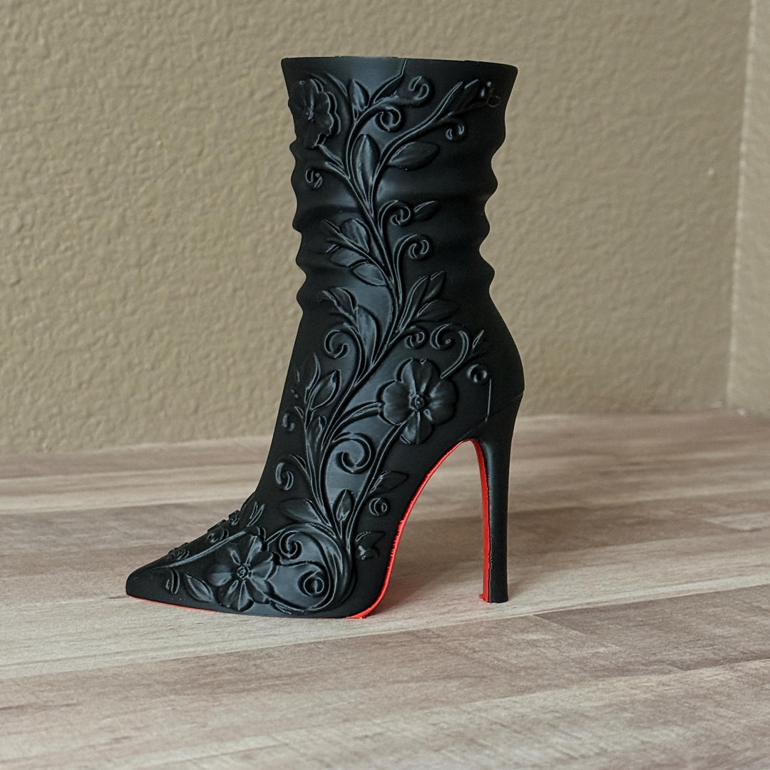 Matte Black High Heel Boot Vase, Make-up brush holder, Gothic Floral Designer-Inspired Home Decor, FREE SHIPPING