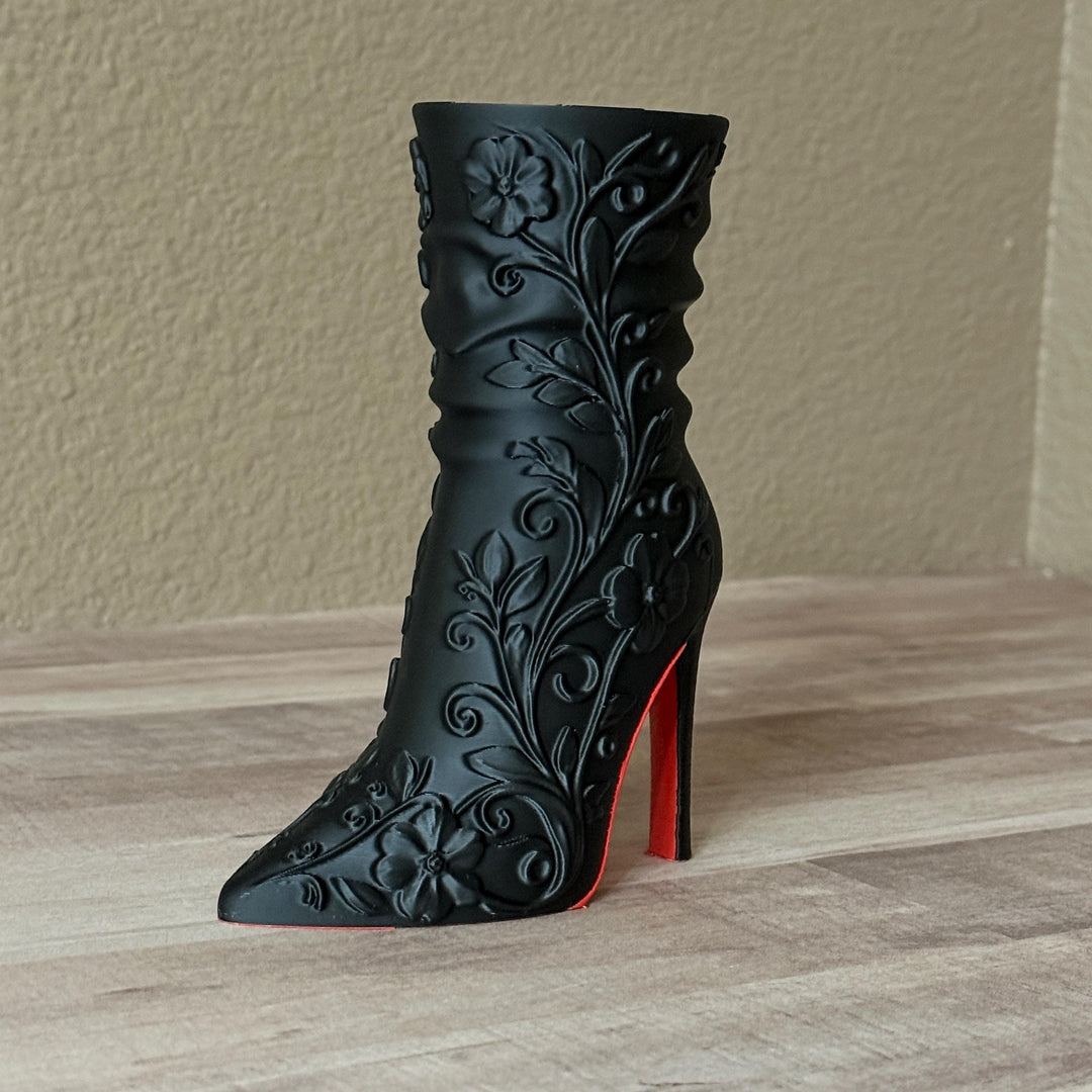 Matte Black High Heel Boot Vase, Make-up brush holder, Gothic Floral Designer-Inspired Home Decor, FREE SHIPPING