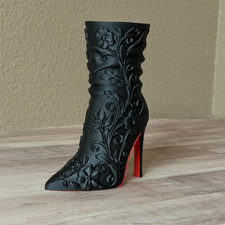 Matte Black High Heel Boot Vase, Make-up brush holder, Gothic Floral Designer-Inspired Home Decor, FREE SHIPPING