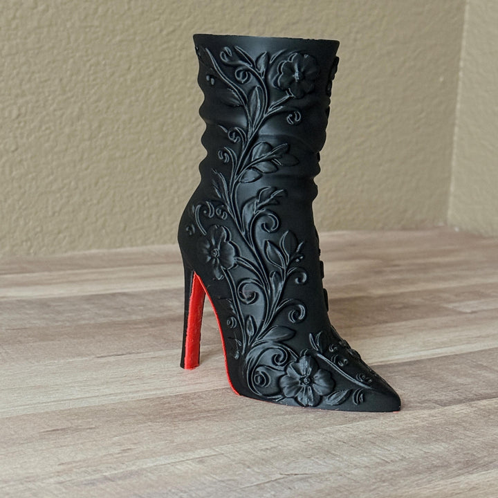 Matte Black High Heel Boot Vase, Make-up brush holder, Gothic Floral Designer-Inspired Home Decor, FREE SHIPPING