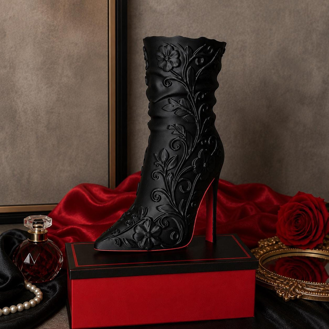Matte Black High Heel Boot Vase, Make-up brush holder, Gothic Floral Designer-Inspired Home Decor, FREE SHIPPING