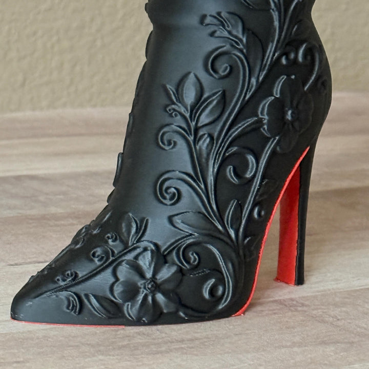 Matte Black High Heel Boot Vase, Make-up brush holder, Gothic Floral Designer-Inspired Home Decor, FREE SHIPPING