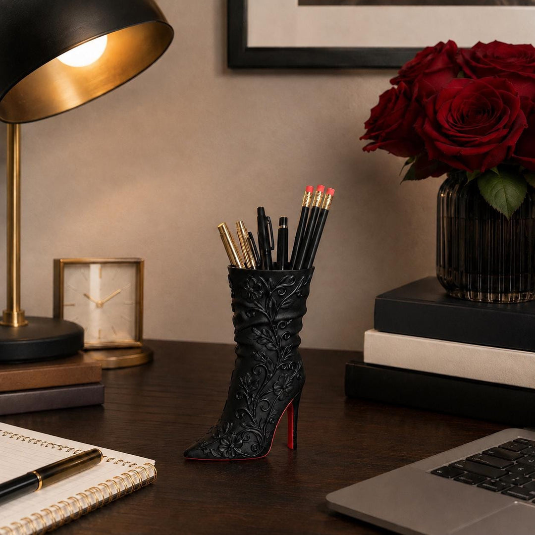 Matte Black High Heel Boot Vase, Make-up brush holder, Gothic Floral Designer-Inspired Home Decor, FREE SHIPPING