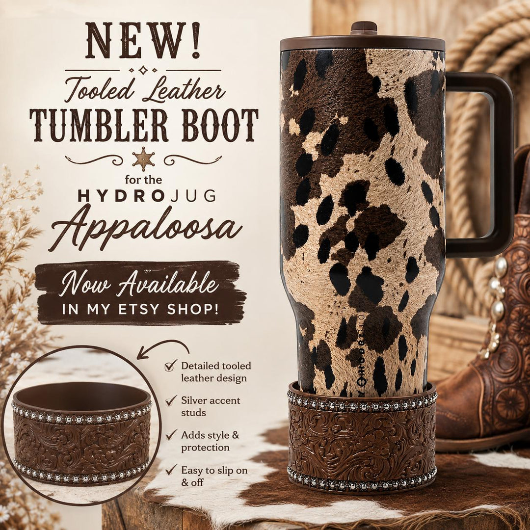 Appoloosa Tooled Leather Tumbler Boot, fits HydroJug, Stanley, and Coldest Tumblers