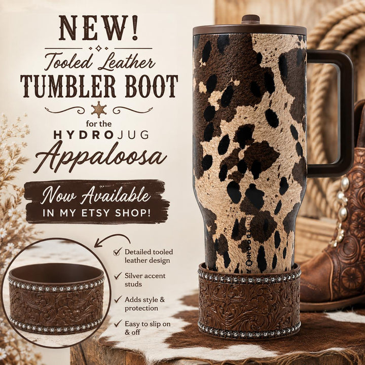 Appoloosa Tooled Leather Tumbler Boot, fits HydroJug, Stanley, and Coldest Tumblers