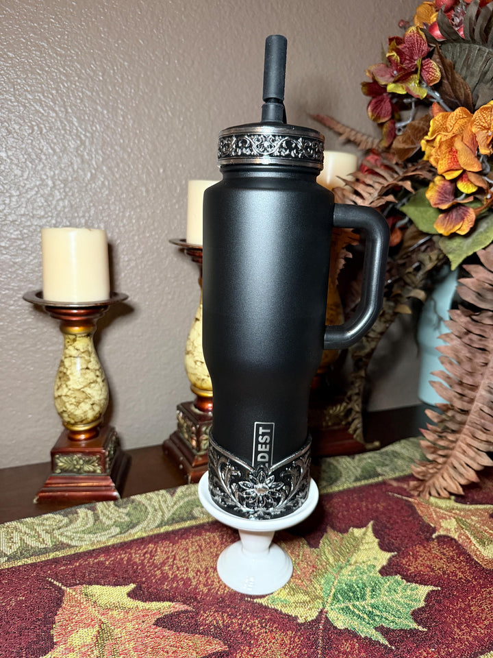 Elegant Black and Silver Fancy Lace Tumbler Boot, Halo or lid collar Accessory Collection for tumblers, Stanley and Coldest accessories