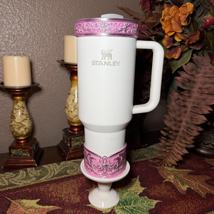 Elegant Pink and Silver Fancy Lace Tumbler Boot, Halo or lid collar Accessory Collection for tumblers, Stanley and Coldest accessories