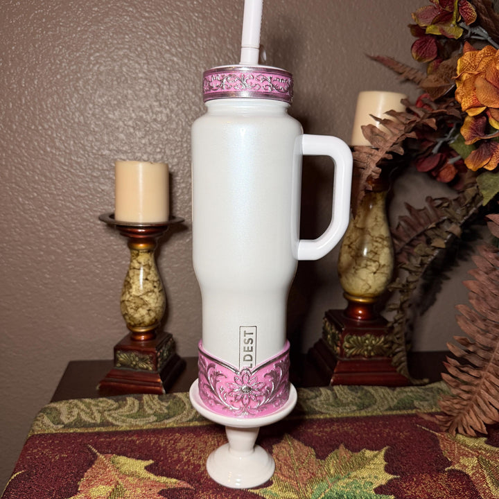 Elegant Pink and Silver Fancy Lace Tumbler Boot, Halo or lid collar Accessory Collection for tumblers, Stanley and Coldest accessories
