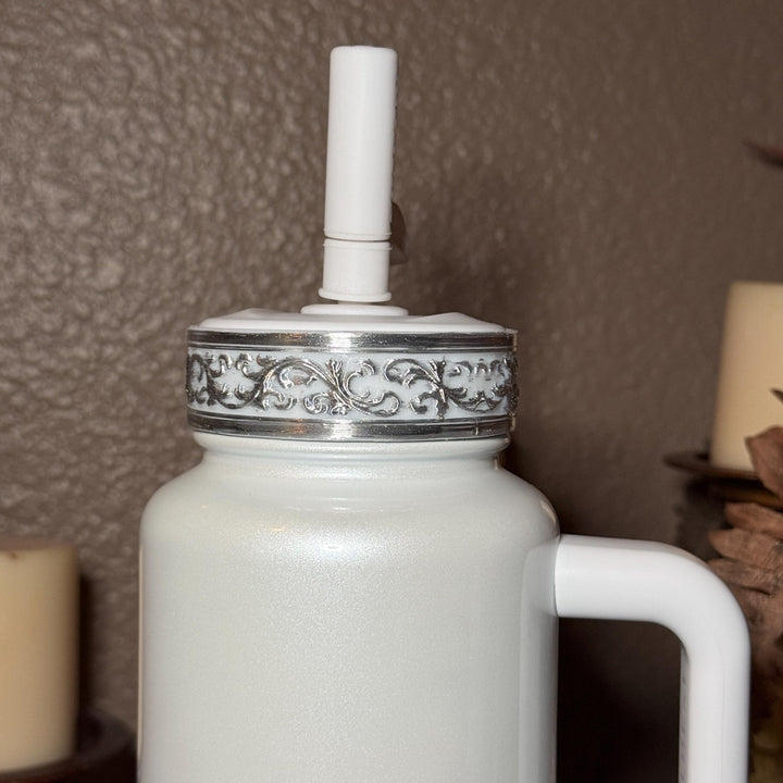 Elegant Pink and Silver Fancy Lace Tumbler Boot, Halo or lid collar Accessory Collection for tumblers, Stanley and Coldest accessories